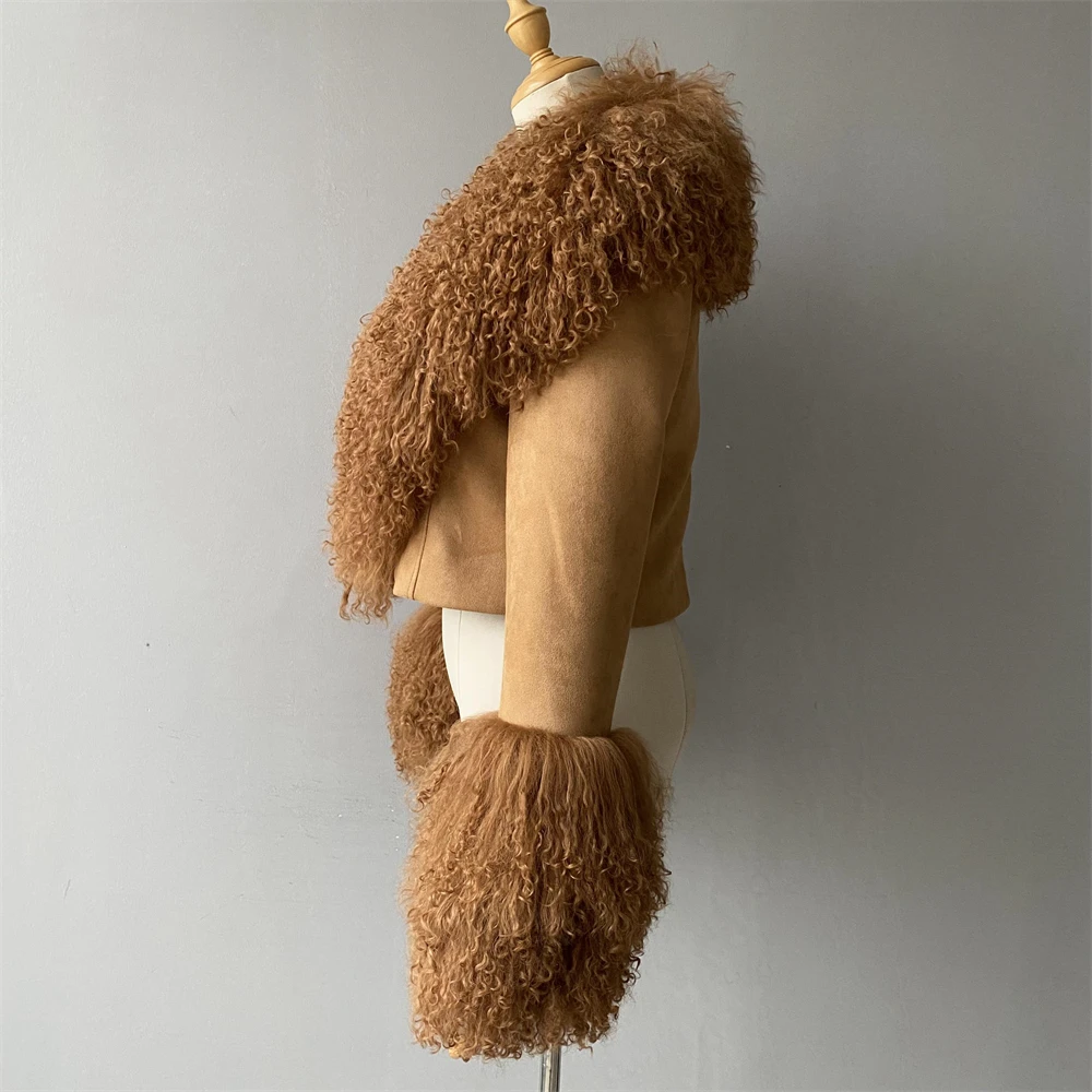 Full Sleeves Soft Women Genuine Sheepskin Coat Lamb Fur Collar Fall Winter OEM Custom Logo Cropped Real Sude Leather Jackets