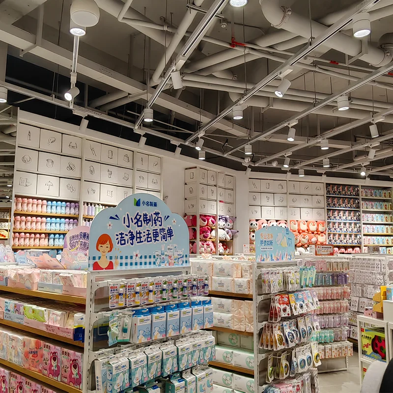 customized metal wooden miniso shelves for cosmetic store