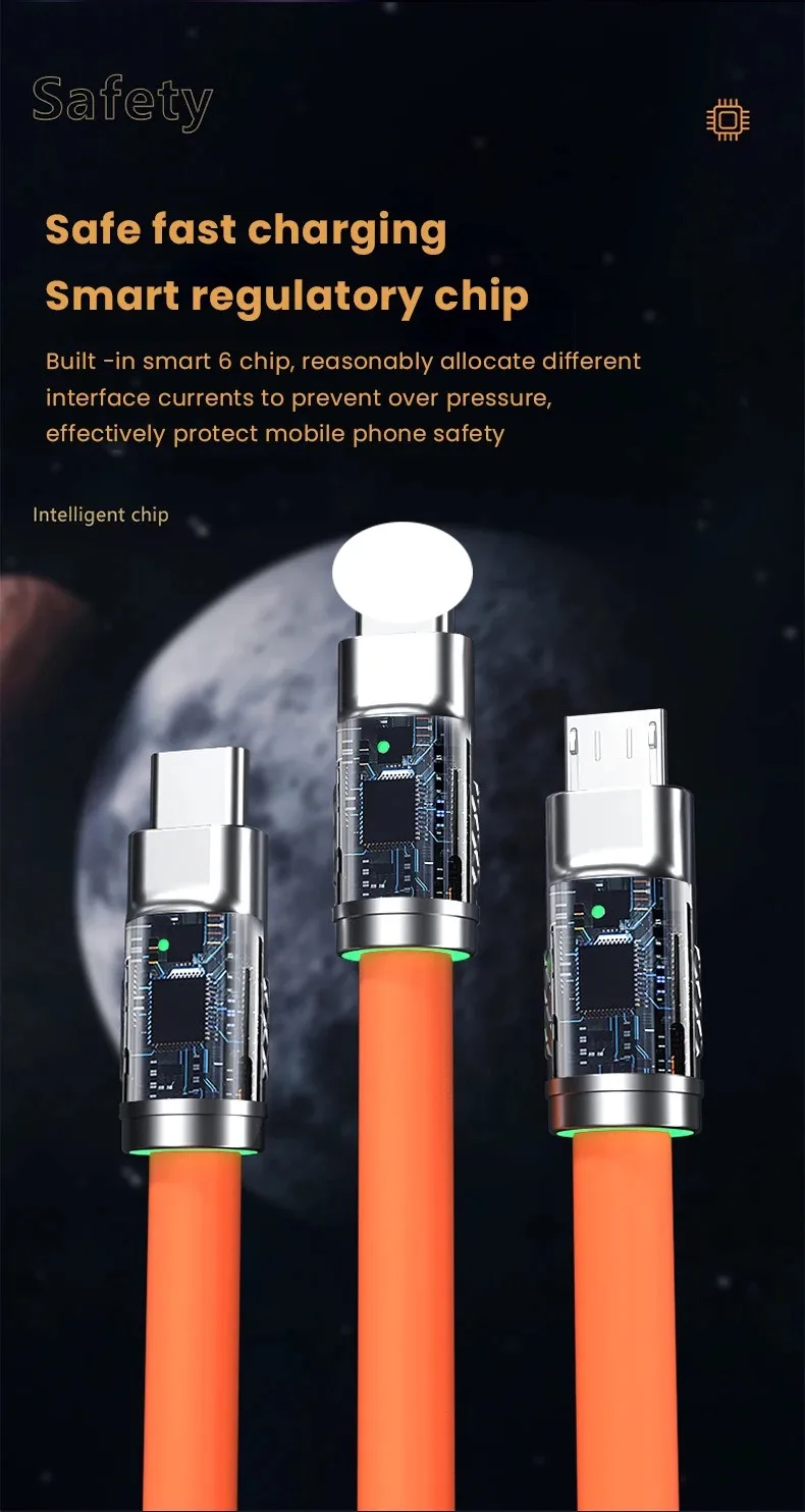 120W 6A 3 in 1 Fast Charging Type C Cable Micro USB for iPhone Charging Cable For Samsung Huawei Xiaomi Phone Charger USB Cable