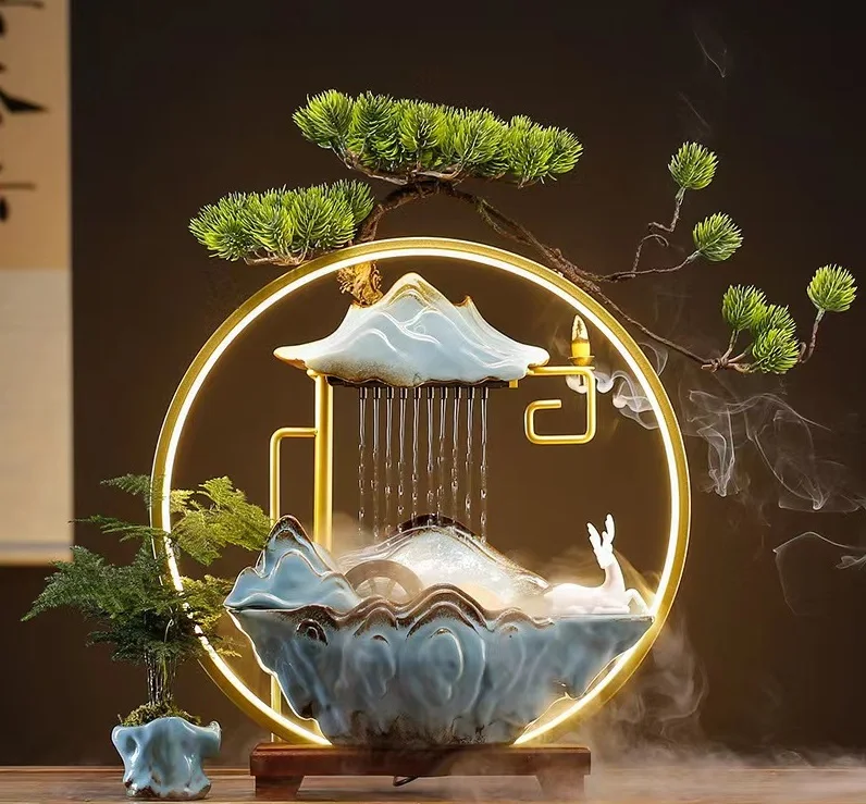 Tabletop Water Fountain, Indoor Waterfall with Round LED Light Ceramic Crane Mist Maker and Incense Holder for Home Office Decor