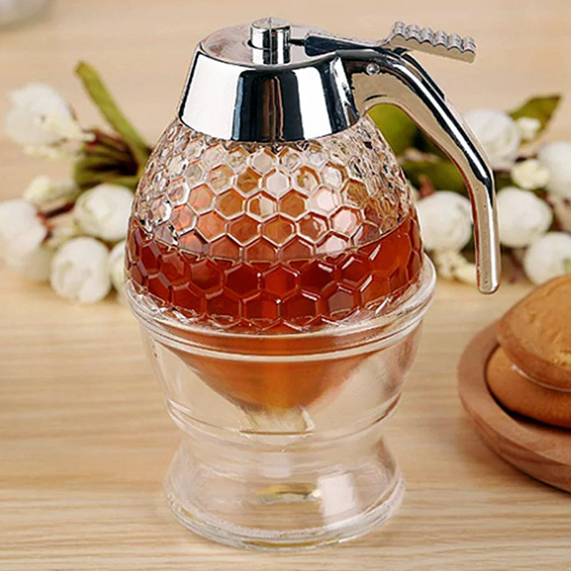 Honeycomb Container Honey Syrup and Sugar Jar Pot No Drip Dispenser with Stand