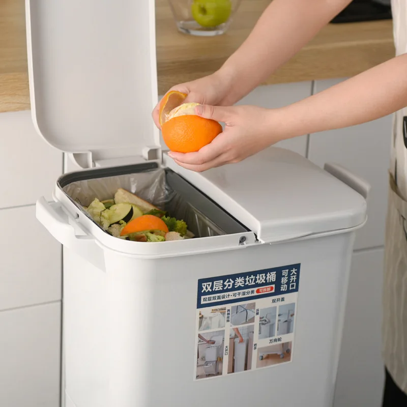 Kitchen Double-layer Rectangular Dustbin Plastic Wheeled Recycle Waste Bin Trash Can with Lid for Sale