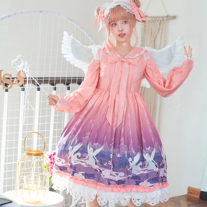 Sweet Print Angel Lace Sweet Love Lolita Pink OP Dress
