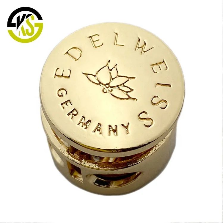 OEM custom logo garment gold round metal spring drawstring cord stopper