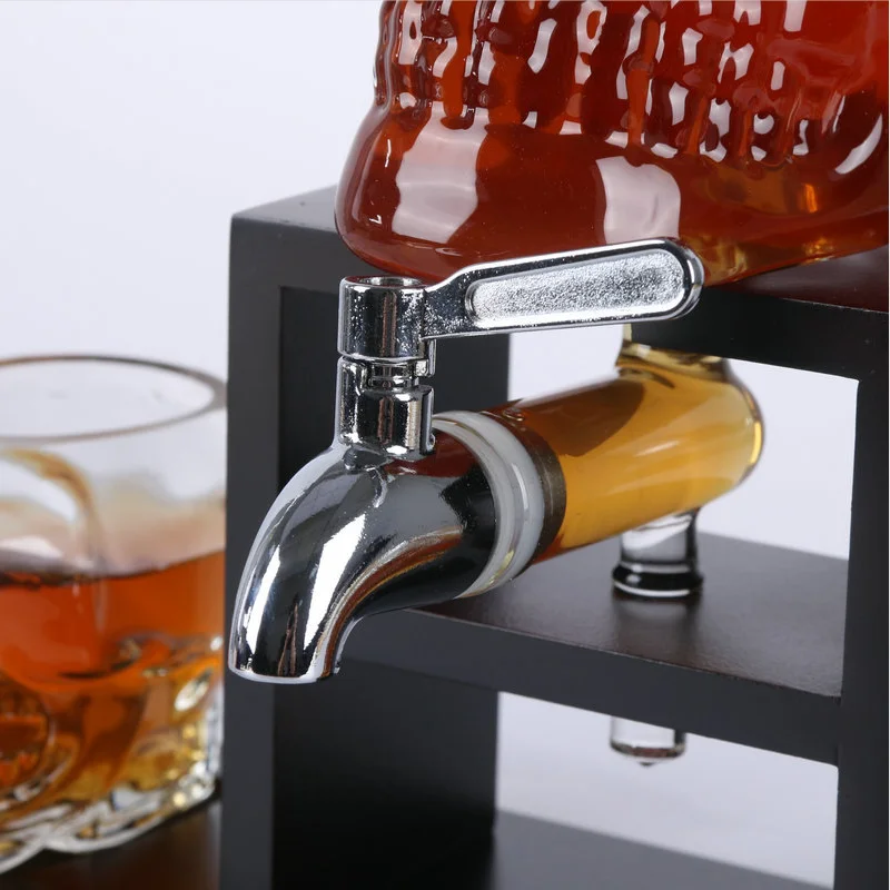 Skeleton Wine Whiskey Decanter Set 750 mL With 3oz Skeletons Shot Glasses and Mahogany Wooden Base