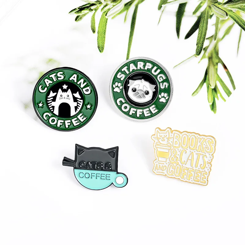 RTS STOCK Hot selling creative cat coffee brooch pin cute cartoon pug puppy dog cat cafe enamel lapel pin manufacture
