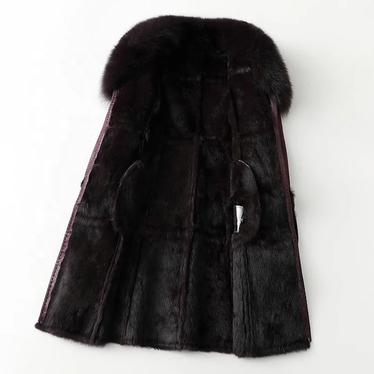 Luxury winter long style with belt real fox fur collar genuine fur jacket rabbit fur coat for women