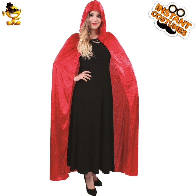 Women all black Cloak Fancy Dress Party halloween  Long Velvet Hooded Cape Costume for Adult