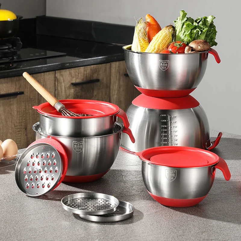 Hot Sale 304 Stainless Steel Salad Bowl with Lid and Grater 3 in 1 Mixing Bowls Kitchen Multifunction Cooking Basin Custom Logo