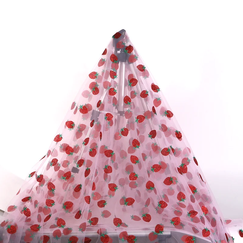 Printed Strawberry Mesh Digital Printing Fabric Glitter Sequin Lace Fabric for Women Dress