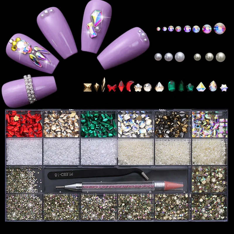 Wholesales Nail Art Sticker Rhinestone Multi Shape Colorful AB Glass Crystal Stone Decoration  Golden Flat Back Nail Art