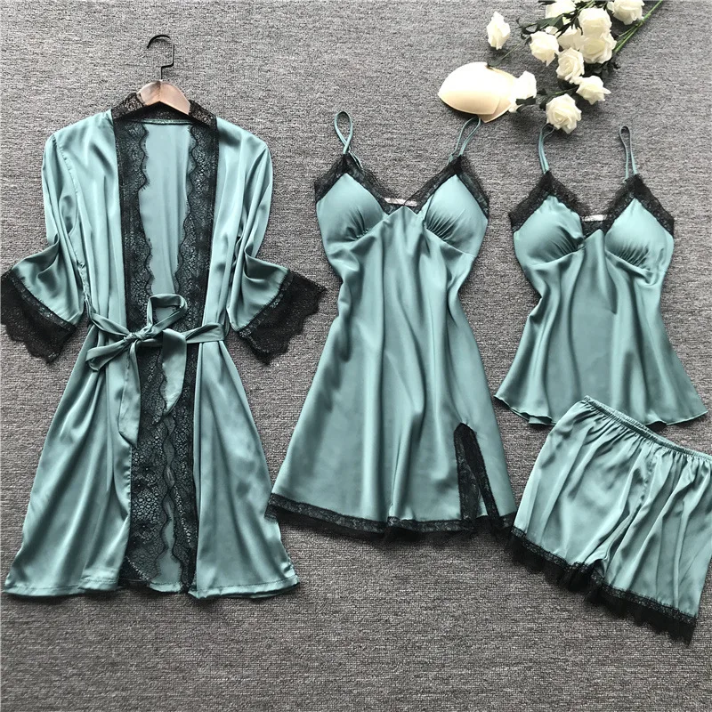 2024 Summer Ladies Satin Silk Lace Pajamas Bathrobe 4 Piece Sleep Wear Sets For Women