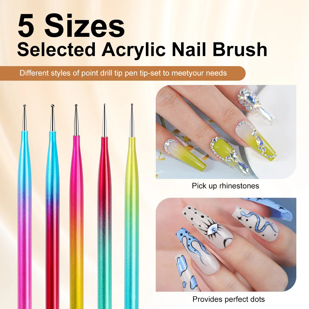 5pcs/set Nail Art Dotting Painting Pen Uv Gel Acrylic Drawing Carving Rainbow Chrome Liner Brush Tools 2 Ways Manicure Diy Tool