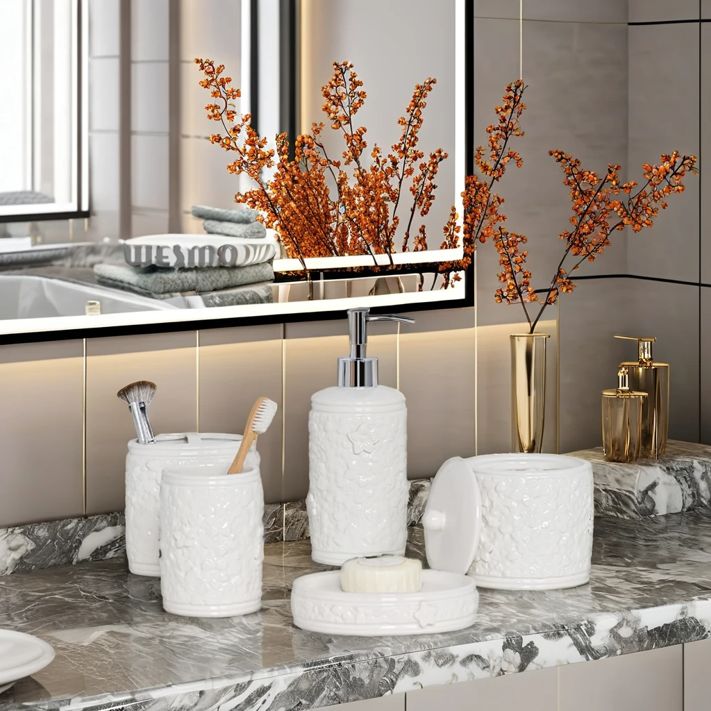 Modern Carve Flower Designs Bathroom Decor Luxury Porcelain Bath Items 5 Pcs Ceramic Bathroom Set