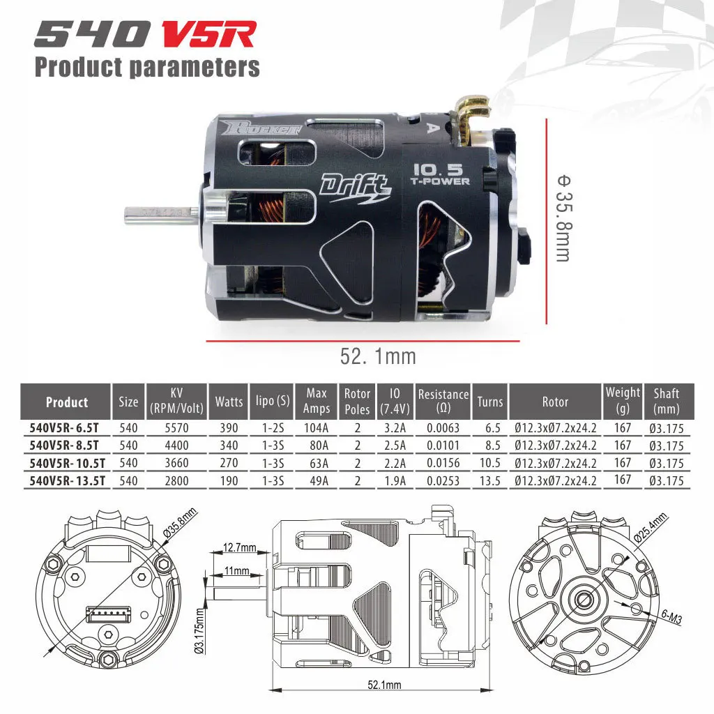 Rocket 540 V5R Brushless Sensored Motor 3.5/4.5/5.5/6.5/10.5T For 1/10 1/12 Racing RC Drift Car