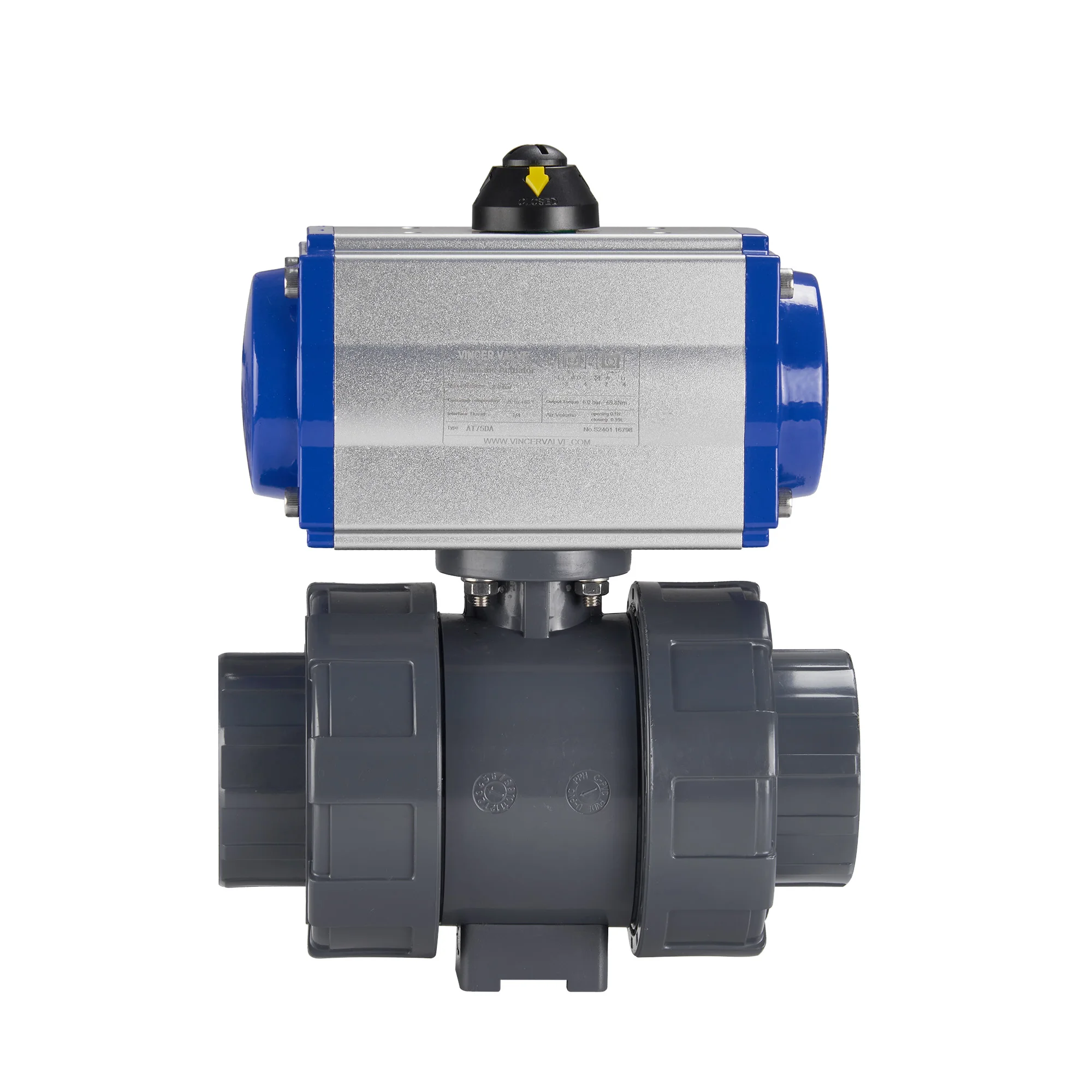 VINCER 2 inch 8inch single acting pvc pneumatic ball valve 3 way ball valve with pneumatic actuator AC24v 110v 220v