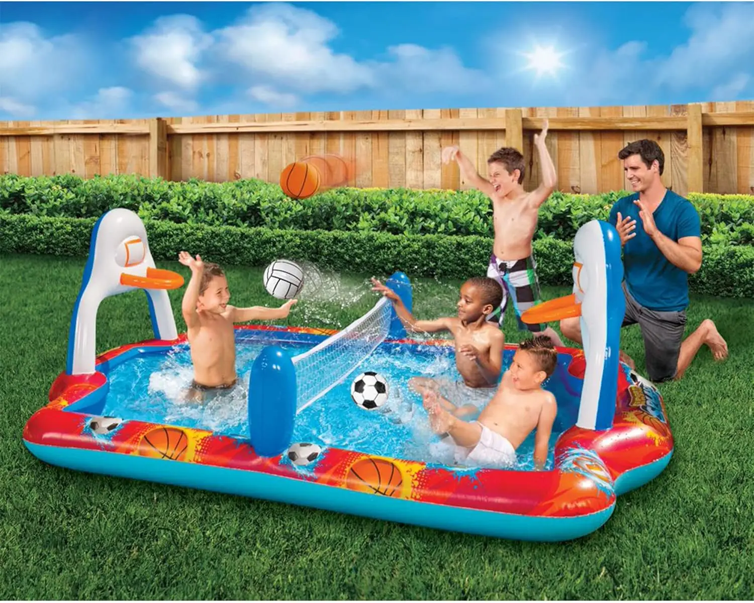 Outdoor Inflatable Sports Arena 4 in 1 Play Center Water Park Pool with Soccer Volleyball Basketball Sports Pool Ball Ages 3+