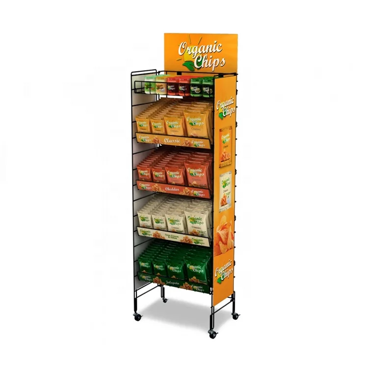 Convenience Store Multilayer Steel Storage Basket Stand Floor Rack Retail Metal Wire Bulk Food Snack Display Stand
