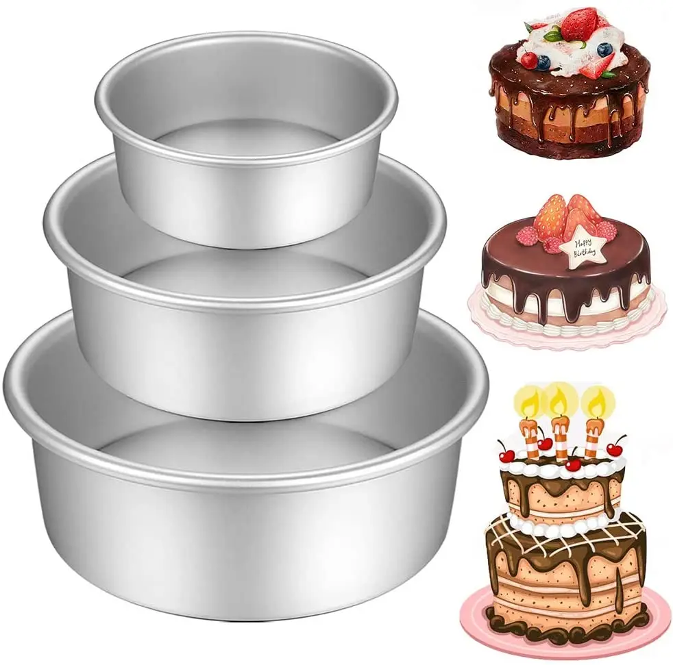 Non-Stick Deep 3 Piece Round Metal Aluminum Baking Cake Tin for Baking 4 6 8 Inch Wedding Birthday Christmas Cake