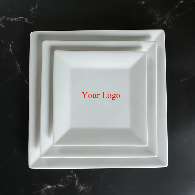 Гостиничные керамические белые квадратные тарелки с индивидуальным логотипом фарфоровое плоское блюдо для ресторанов