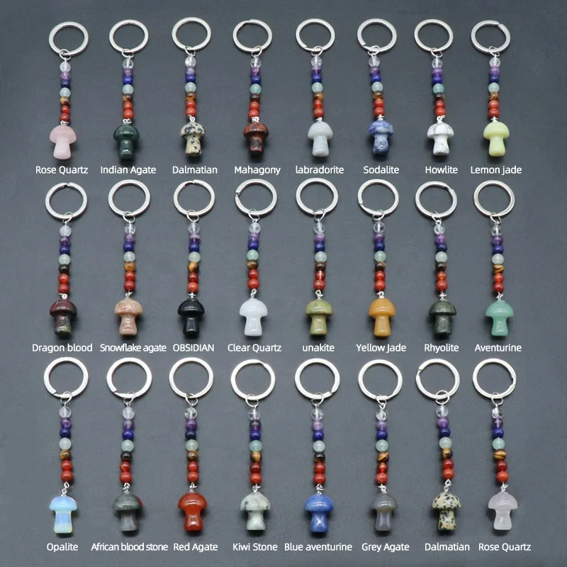 Natural rose quartz mini mushroom keychain 7 chakra crystals gemstone key ring For christmas car key bag pendant