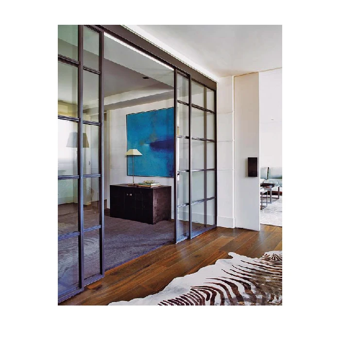 Topwindow Customized Tempered Glass Soft Closing Black Metal Narrow Frame Sliding Door Interior Glass Door For Bedroom