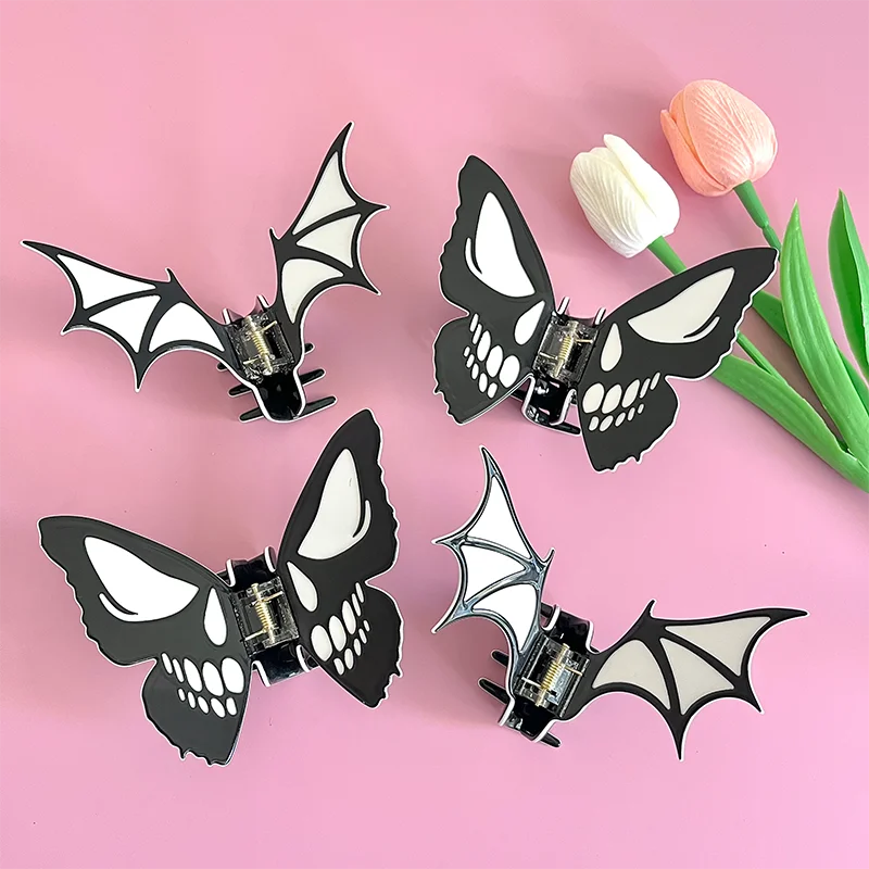 QianJin Accept Custom Creative Design 12cm Large Horror Halloween Hair Claw Clips for Girls Butterfly Skull Bat Hair Claw Clips