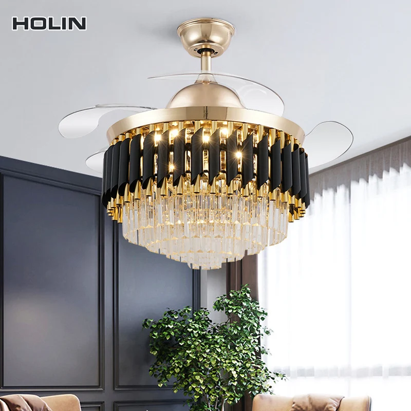 Wholesale 42-inch gold Deluxe ABS Retractable DC remote control Invisible crystal chandelier fan Lamp ceiling light with fan