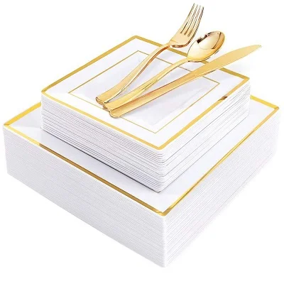 100pcs Gold Rim Premium Disposable Plastic  Square Plate