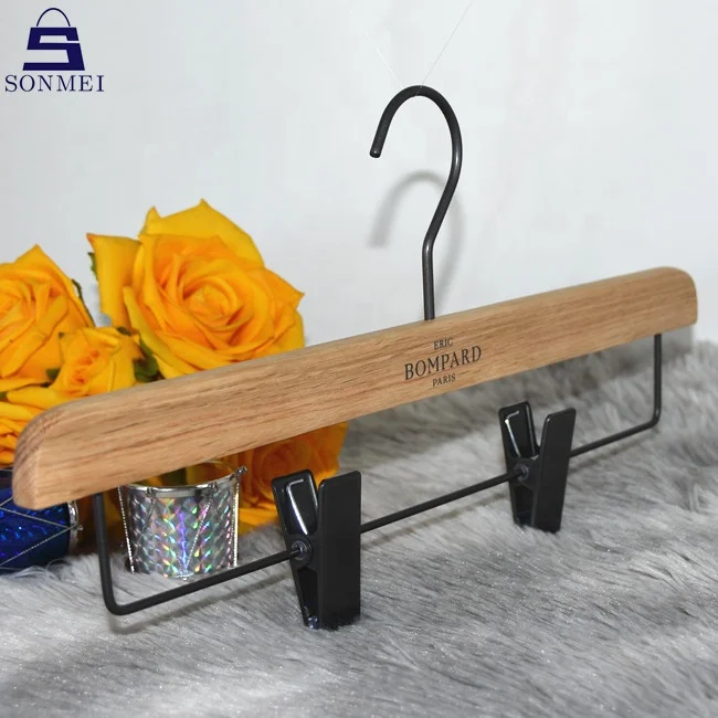 Movable luxury natural custom skirt trouser wooden hanger with clips