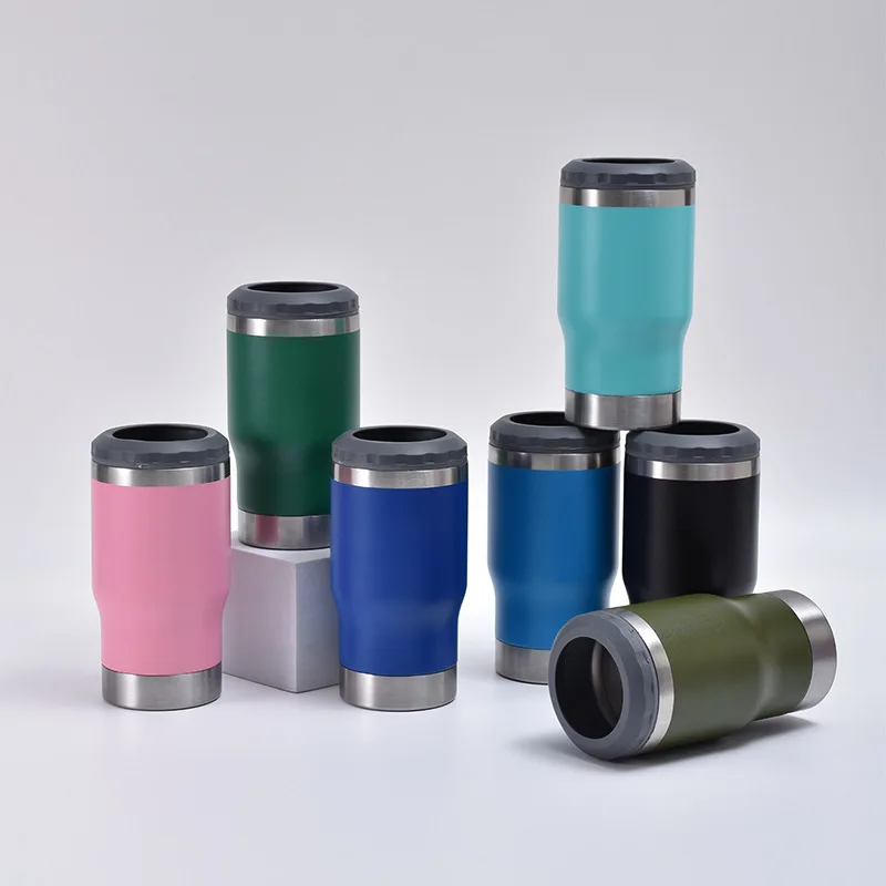 Wholesale 14 oz Stainless Steel Double Wall Beer Bottle 4 in 1 Can Cooler Can Sleeves with Double lids