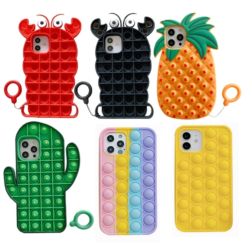 Fidget Sensory Toy Pop It Protective Cover  Phone Case Cartoon Silicone Phones Cases Pop Its For iphone 11/12 Series Huawei