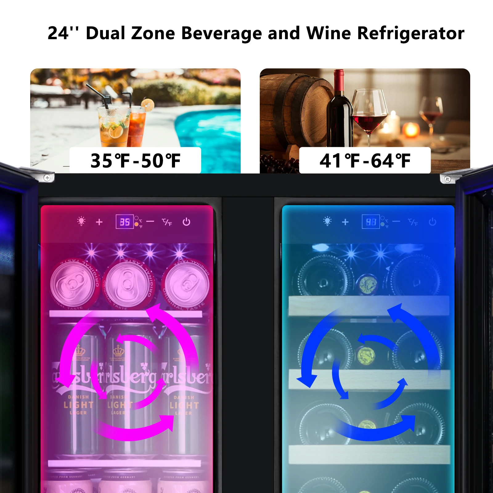 Compressor System LED Light Under the Counter Beverage Fridge Dual Temperature Zone Display Cooler