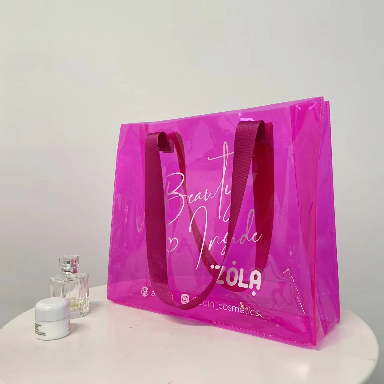 Wholesale clear hot pink PVC large tote shopping bags custom logo gift bag for wedding packaging bag