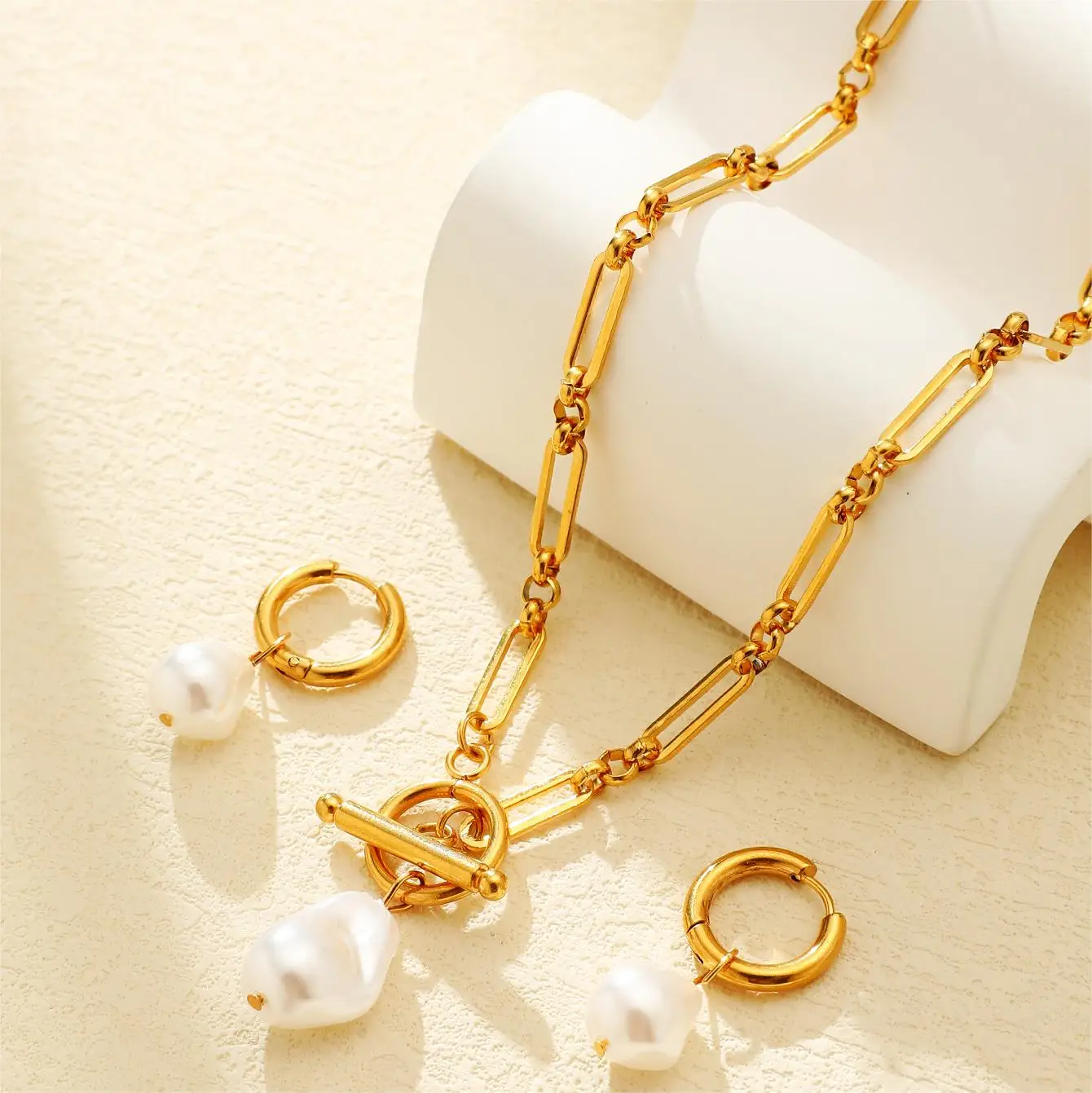 Jymoon New Model Stainless Steel Gold/Silver Color Pearl Necklace Earrings Bracelet And Jewelry Set For Women