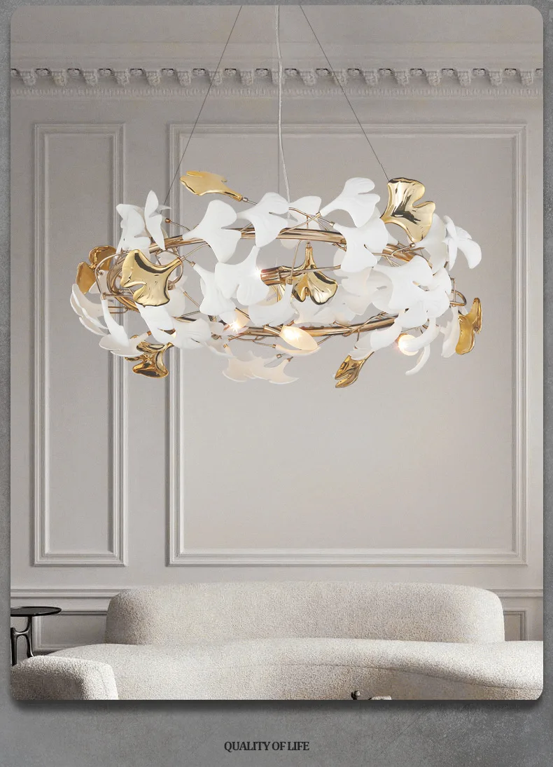 Роскошный ресторан креативная дизайнерская декоративная люстра для виллы Керамическая с листьями гинкго лампа гостиной