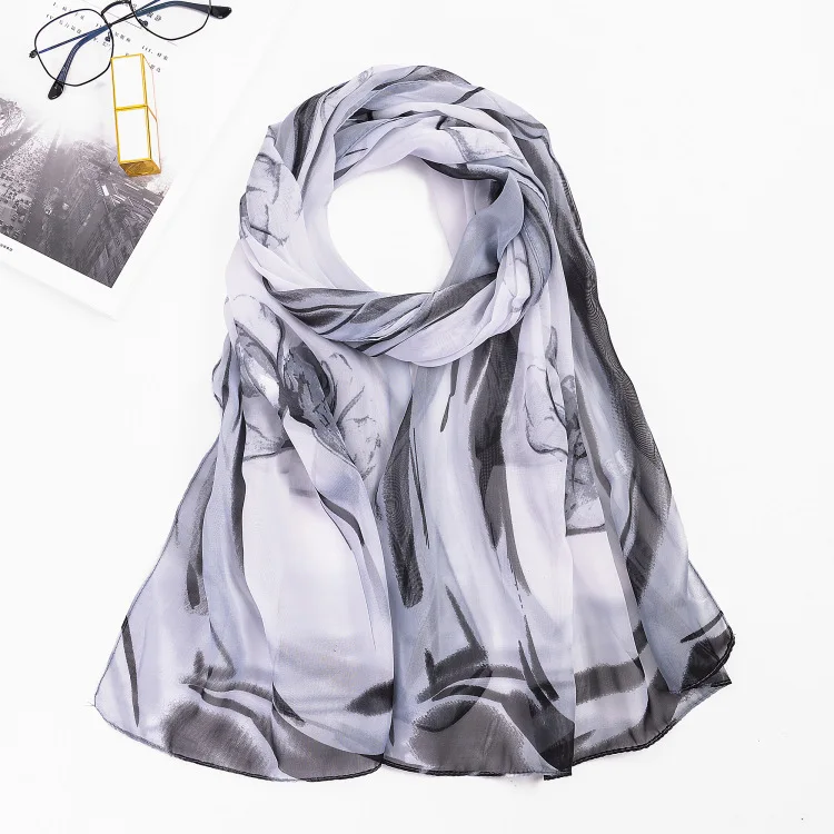 Kejia Hot Sale Print Flower Silk Chiffon Scarves Women Wrap Sunscreen Beach Cover Up Long Hijab Bandana Polyester Cape Female