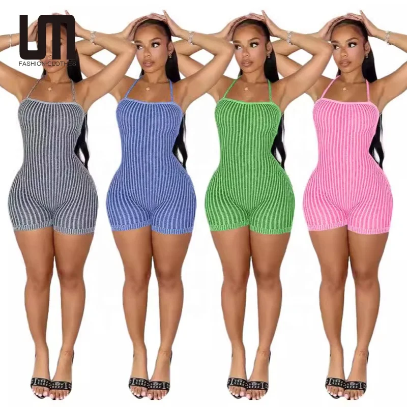Liu Ming New Products 2024 Summer Casual Women s Slim Sleeveless Halter Knitted Romper Ladies Shorts Jumpsuit