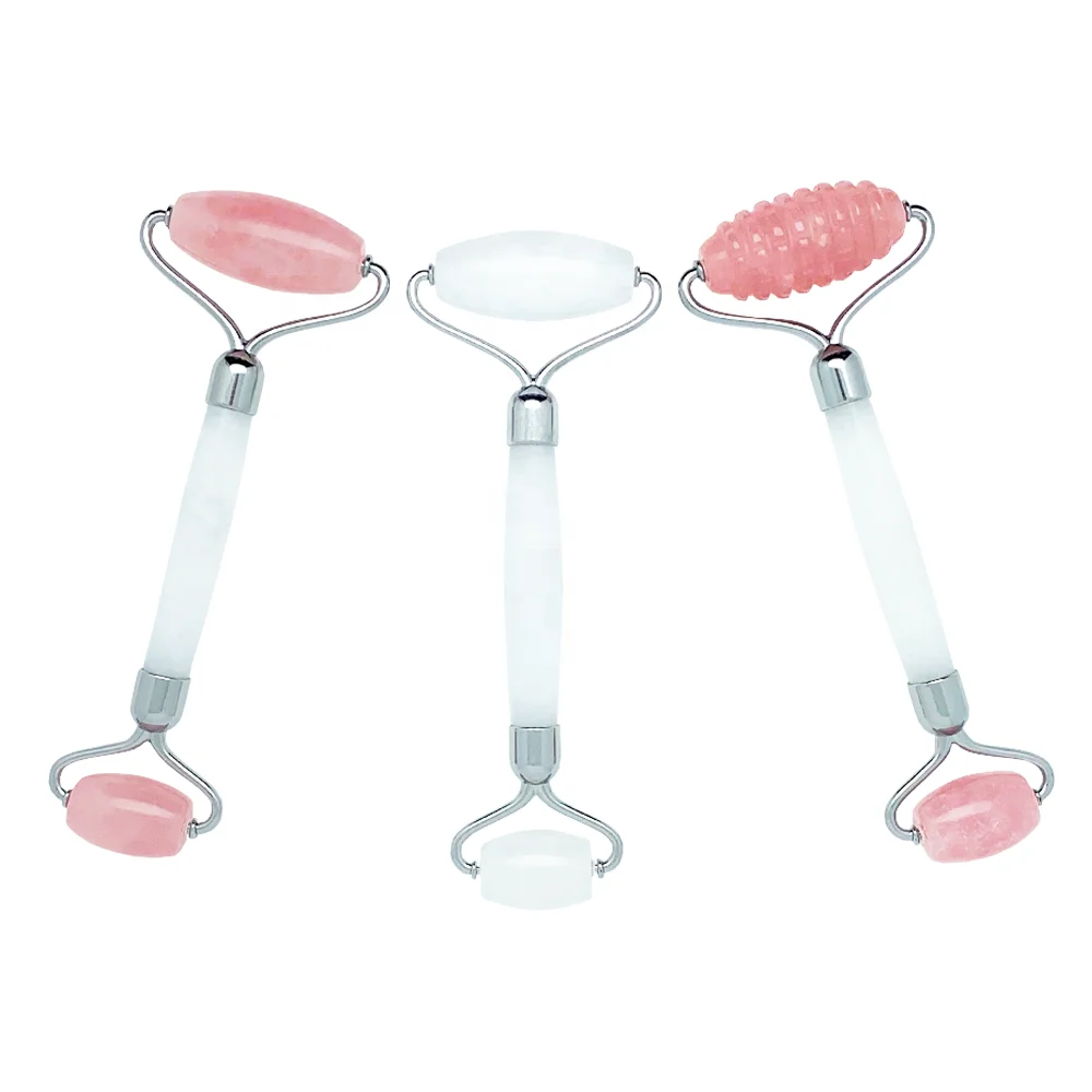 Hot sale skin care tool pink quartz jade head white jade face rolller for face and neck massage
