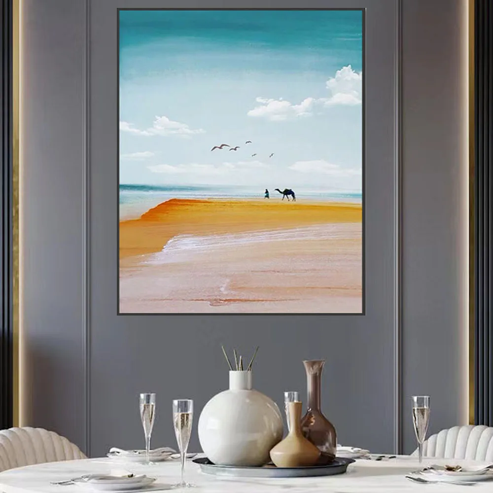100% Hand painted living room decoration desert landscape blue sky sea camel seagull oil painting canvas wall art landscapes