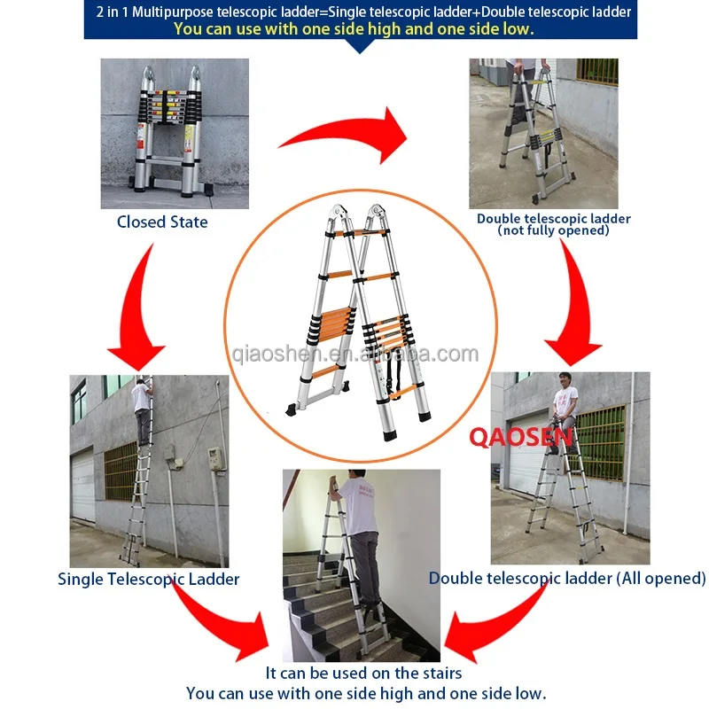 Orange Step 2 In 1 Ladder 3.2m/3.8m/4.4m/5.0m/5.6m with Finger Safety Gap A frame Multipurpose Telescopic Ladder