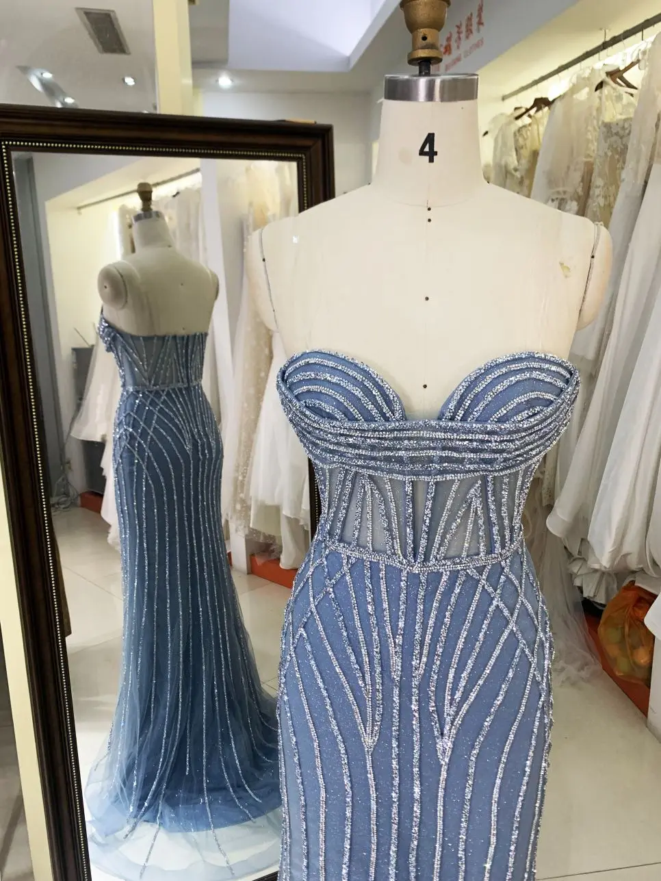 2025 smoky blue mauve black champagne Strapless mermaid hand pleated corset crystal embellished sparkling formal prom gala dress