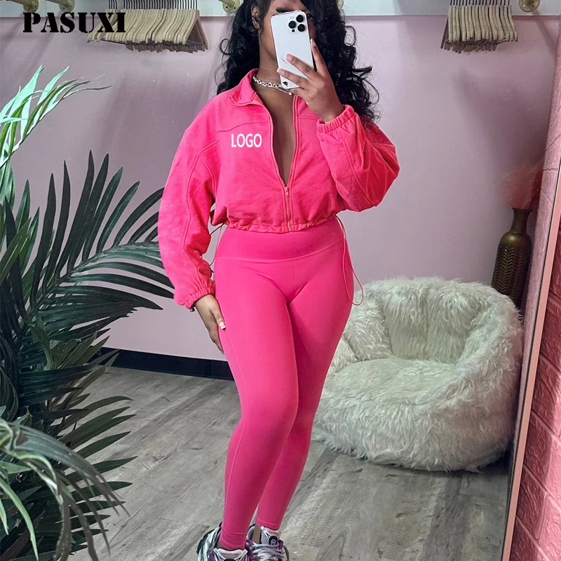 PASUXI Wholesale Custom LOGO High Quality Women Blank Full Zip Up Drawstring Soft Fleece Oversized Hoodie Tight Pants