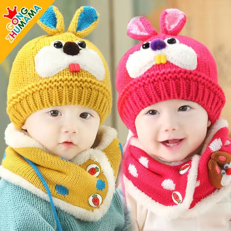 Hot Selling Winter Knit Bay Hat And Scarf Gloves Set Rabbit Plush Crochet Wool Baby Hat For Kids
