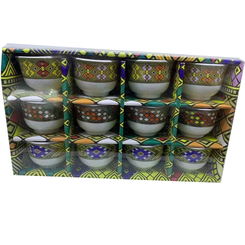 ethiopian Art 12pcs Ceramic Coffee Cup Set Without Handle Arabic Ethiopian Cawa Cup
