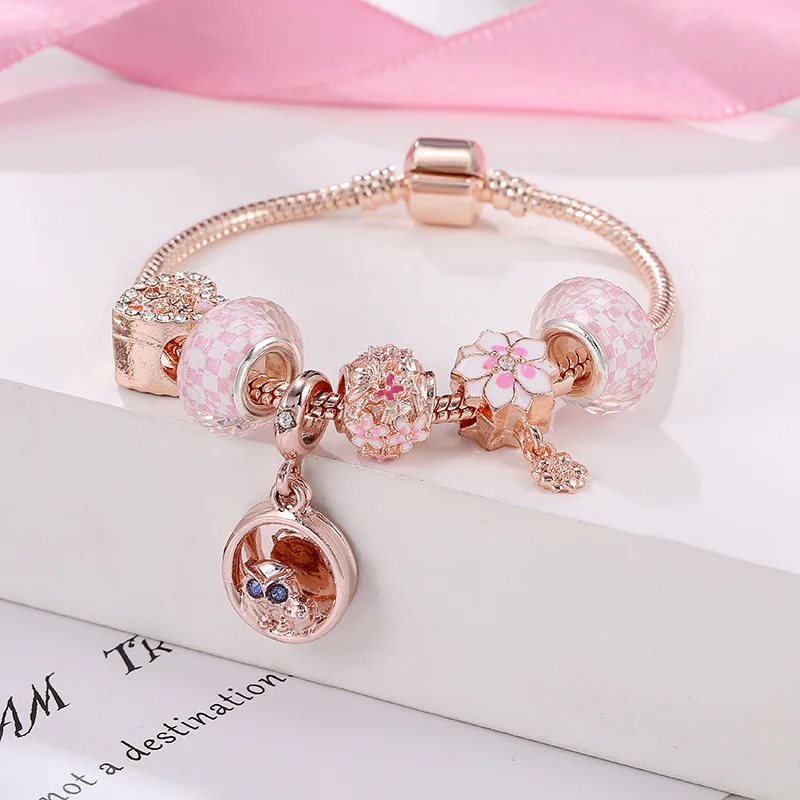 Ebay Hotsale Rose Gold Enamel Hole Beads Owl Pendant Bracelet Crystal Heart Beaded Animal Owl Charm Bracelet