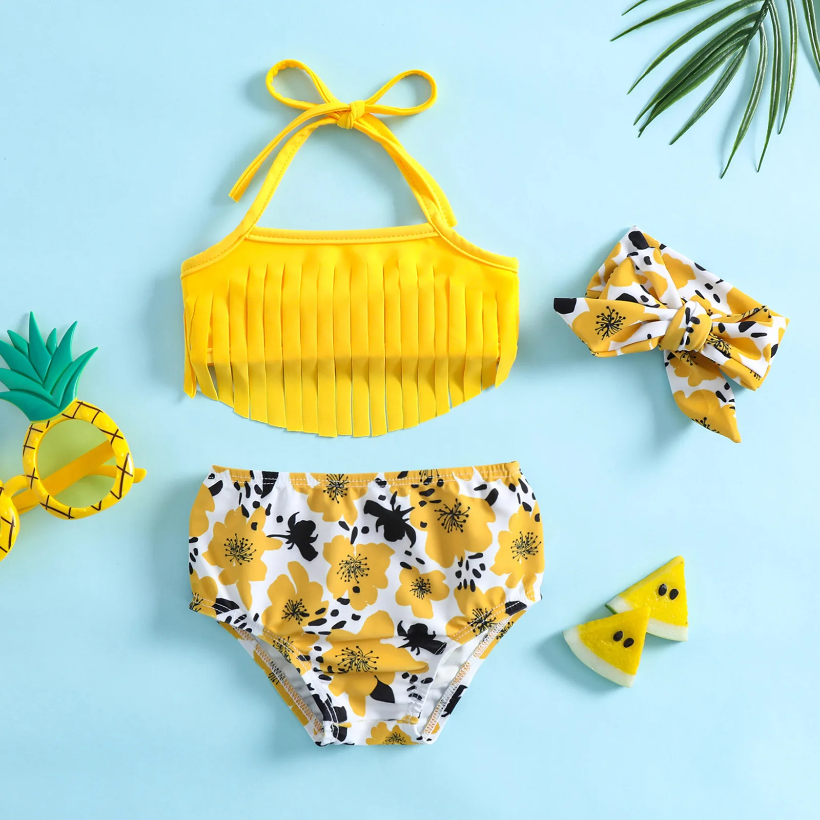Summer Girls Kids Swimsuit Two Piece Floral Tassel Swimwear for Children Bikini Bathing Suit