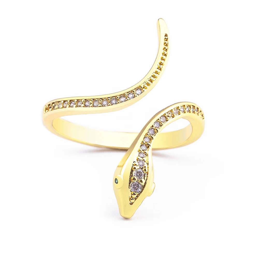 QIKU Fashion Gold Color Snake Shape Copper Zircon Ring Opening Adjustable Jewelry Women Unusual Accessories Girl Gift Wholesale