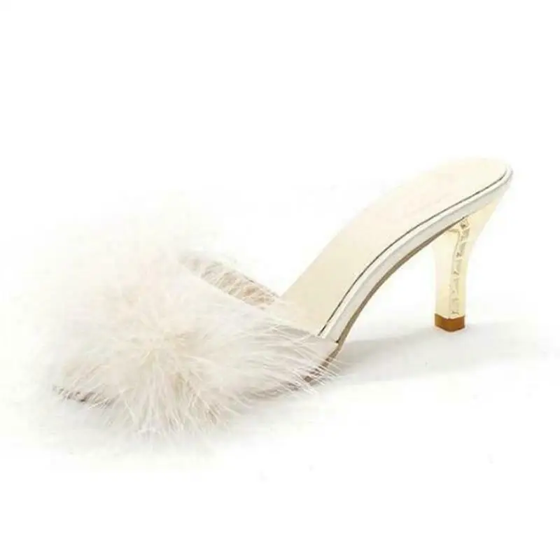 Womens Fluffy fur slides wedges heel boots high heel slippers Fashion Open Toe Mules Shoes Pumps Fur Heels for womenwith fur