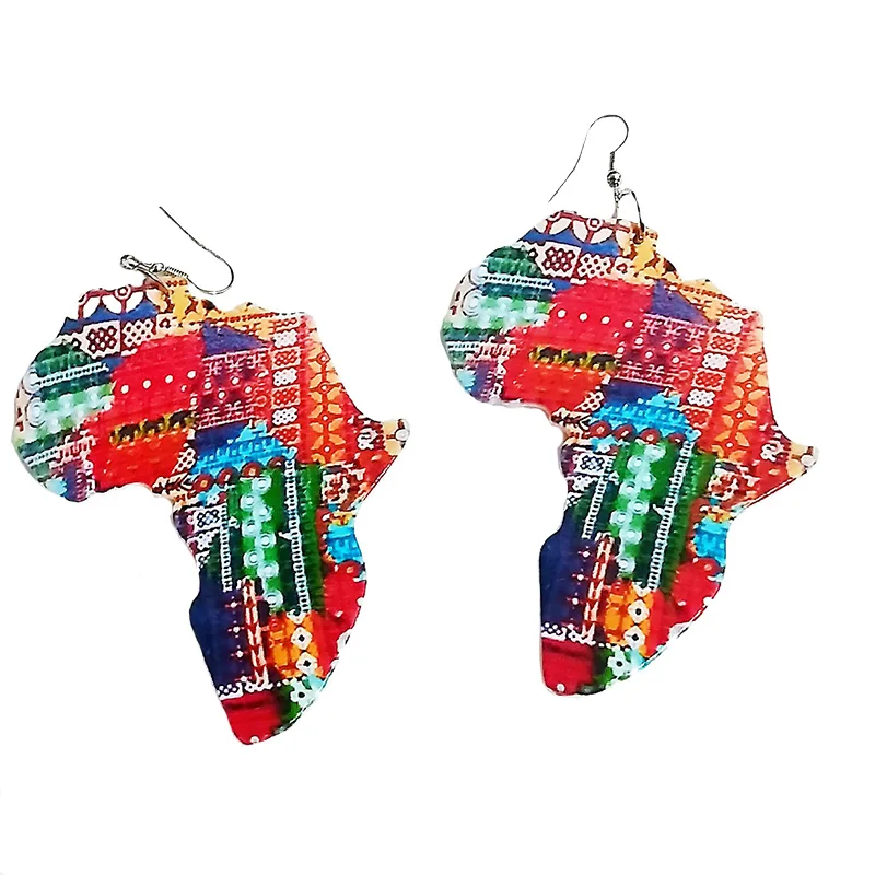 
Hot Selling Jewelry African Print Map Wooden Earrings for Women wood hoop 